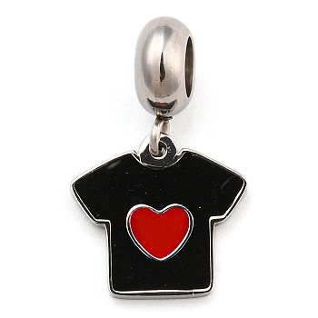 304 Stainless Steel Enamel European Dangle Charms, Large Hole Pendants, Clothes with Red Heart, Stainless Steel Color, Black, 22mm, Hole: 4.5mm, Pendant: 13x14x1.5mm