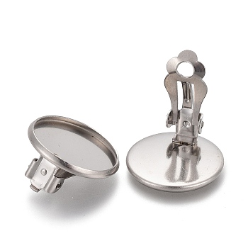 304 Stainless Steel Clip-on Earring Setting, Flat Round, Stainless Steel Color, Tray: 10mm, 16.5x12x8mm