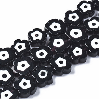Handmade Lampwork Beads Strands, Flower with Evil Eye, Black, 10~13x10~13x3~4.5mm, Hole: 0.9mm, about 36~37pcs/strand, 15.35 inch~15.94 inch(39~40.5cm)
