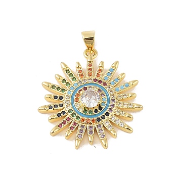 Brass Micro Pave Cubic Zirconia Pendants, Real 18K Gold Plated, Sun, Turquoise, 29.5x26.5x5mm, Hole: 4x3.5mm