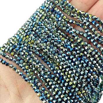 Transparent Electroplate Glass Beads Strands, Full Plated, Faceted, Bicone, Green Plated, 3x2.5mm, Hole: 0.7mm, about 145~150pcs/strand, 16.34~16.54 inch(41.5~42cm)
