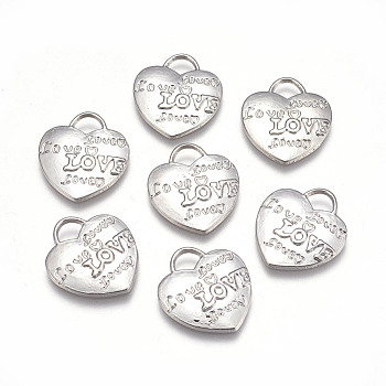 Tibetan Style Alloy Pendants, Heart with Word Love, For Valentine's Day, Lead Free & Cadmium Free, Platinum, 23.5x21x2.5mm, Hole: 6mm