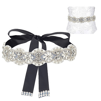 Brass Flower Bridal Belt with Glass Rhinestones for Wedding Dress, Polyester Ribbon with ABS Plastic Pearl Beaded Exquisite Sash for Wedding Belt, Black, 104-3/4 inch(266cm)