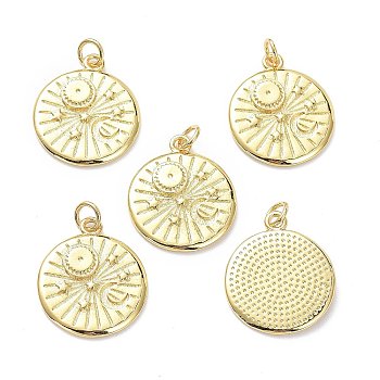 10Pcs Brass Pendants, with Jump Rings, Long-Lasting Plated, Flat Round with Sun & Star & Moon, Real 18K Gold Plated, 21x19x3mm, Jump Ring: 5x1mm, 3mm Inner Diameter