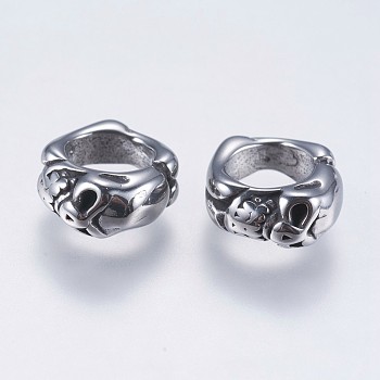 304 Stainless Steel Beads, Large Hole Beads, Ring with Skull, Antique Silver, 10x11x5mm, Hole: 6mm