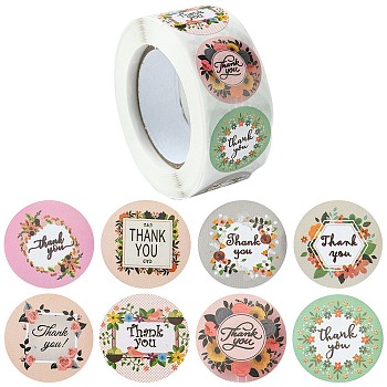 8 Patterns Paper Thank You Sticker Rolls, Round Dot Floral Decals, for Envelope, Gift Bag, Card Sealing, Mixed Color, 25mm, 500pcs/roll