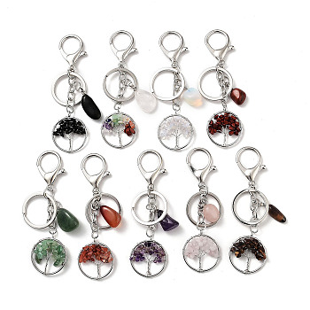 Natural & Synthetic Opalite Mixed Gemstone Keychain, with Platinum Plated Iron Split Key Rings, Flat Round with Tree of Life, 10.5cm