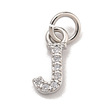 Initial Letter Brass with Cubic Zirconia Charms, Platinum, Long-Lasting Plated, Lead Free & Cadmium Free, Letter J, 10.5x5x1.5mm, ring: 5x1mm, inner diameter: 3mm
