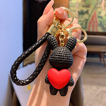 Rabbit with Heart Resin Keychain, with Alloy Findings and Bell, Black, 7x3.5cm
