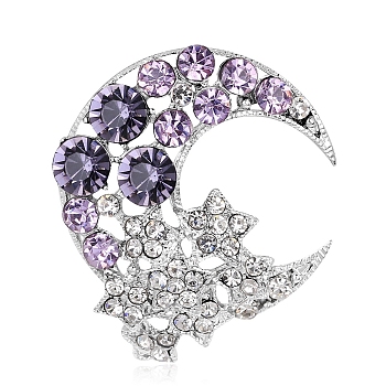 Alloy Rhinestone Brooches, Moon & Star Brooches for Women, Tangerine, 34x34mm
