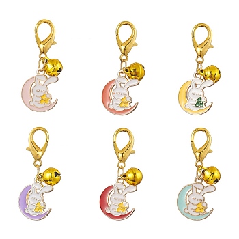 Moon with Rabbit Alloy Enamel Pendant Decoraiton, with Brass Bell Charms and Zinc Alloy Lobster Claw Clasps, Mixed Color, 35mm, 6pcs/set