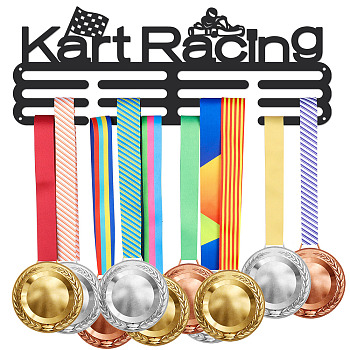 Iron Medal Holder Frame, Medals Display Hanger Rack, 3 Lines, with Screws, Rectangle with Word Kart Racing, Sports Themed Pattern, 150x400mm