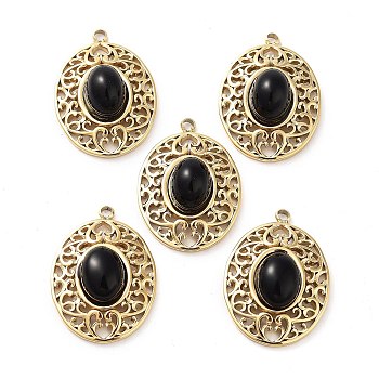 304 Stainless Steel Pendants, Natural Black Onyx(Dyed & Heated) Oval Charms, Real 14K Gold Plated, 21x15x5.5~6.5mm, Hole: 1.5mm