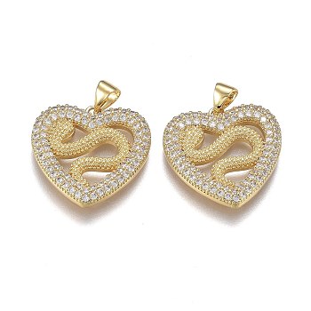 Brass Micro Pave Clear Cubic Zirconia Pendants, with Snap on Bails, Long-Lasting Plated, Heart with Dragon, Real 18K Gold Plated, 21x21.5x3mm, Hole: 5mm