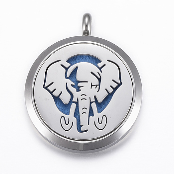 316 Surgical Stainless Steel Diffuser Locket Pendants, with Perfume Pad and Magnetic Clasps, Flat Round with Elephant, Stainless Steel Color, Dodger Blue, 37x30x6.5mm, Hole: 5mm, inner diameter: 23mm