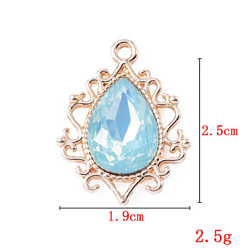 Alloy Pendants, with Rhinestone, Cadmium Free & Lead Free, Light Gold, Teardrop, Sky Blue, 25x19x5mm, Hole: 1.6mm