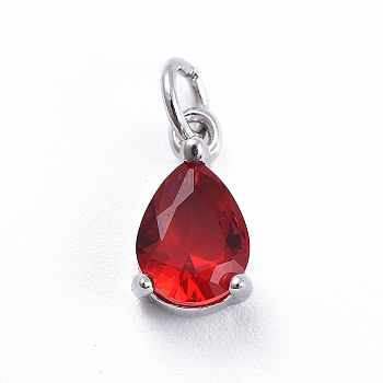 Brass Micro Pave Cubic Zirconia Pendants, with Jump Ring, Teardrop, Platinum, Red, 11.5x6.5x4mm, Hole: 3mm
