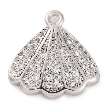 Rack Plating Brass Micro Pave Cubic Zirconia Pendants, Cadmium Free & Lead Free, Long-Lasting Plated, Shell Shape, Platinum, 16x15.5x4mm, Hole: 1.4mm