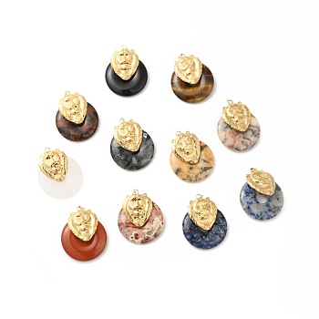 Natural Mixed Gemstone Pendants, Ion Plating(IP) Donut Charm, with Golden Color Plated 304 Stainless Steel Lion Findings and Jump Rings, 36x30x11.5mm, Hole: 3mm