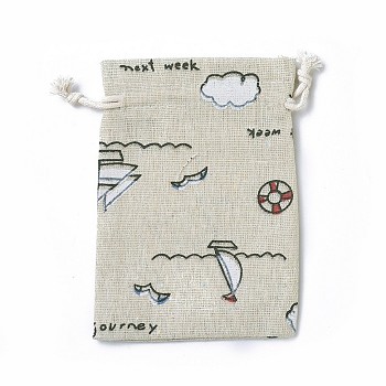 Burlap Packing Pouches, Drawstring Bags, Rectangle with Sailboat Pattern, Colorful, 14~14.4x10~10.2cm