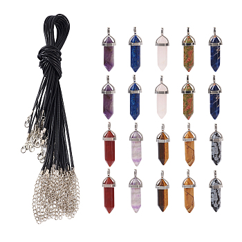 Pendant Necklace Making Kits, Including 20Pcs Natural Gemstone Double Terminated Pointed Pendants, 20Pcs Waxed Cord Necklace Making, Pendants: 20Pcs
