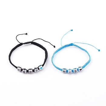 Adjustable Nylon Thread Braided Bead Bracelets, Couple Bracelet Sets, with Acrylic Beads, Cube, Word His & Hers, Mixed Color, Inner Diameter: 2-1/4~3-3/8 inch(5.8~8.7cm), 2pcs/set