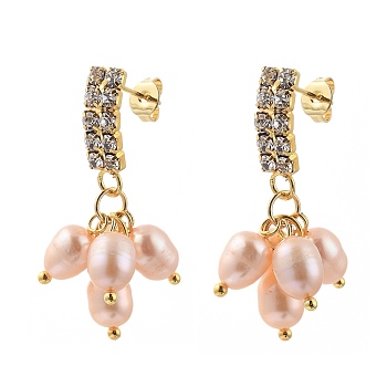 Brass Dangle Stud Earrings, with Natural Pearl Beads, Crystal Rhinestones and Ear Nuts, Light Salmon, 34~35mm, Pin: 0.7mm