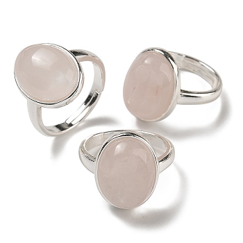 Natural Rose Quartz Oval Adjustable Rings, Lead Free & Cadmium Free, Silver Plated Brass Finger Rings for Women Men, Oval: 18x14mm, Inner Diameter: 18mm