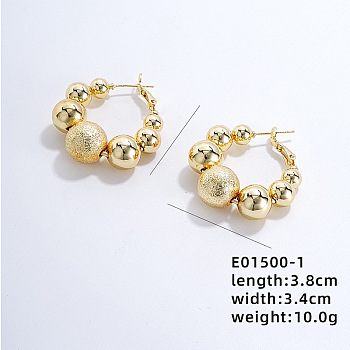 Vintage French Style Round Ball Hoop Earrings, High-end European American Fashion Jewelry, Golden, 38x34mm