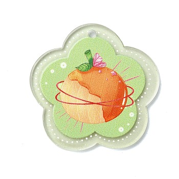 Transparent Printed Acrylic Pendants, Flower, Orange, 37x38x2.5mm, Hole: 2mm