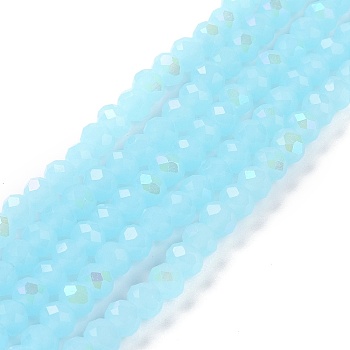 Electroplate Glass Beads Strands, Imitation Jade Beads, Half Plated, Rainbow Plated, Faceted, Rondelle, Light Sky Blue, 10x8mm, Hole: 1mm, about 63~65pcs/strand, 19.2~20 inch(48~50cm)