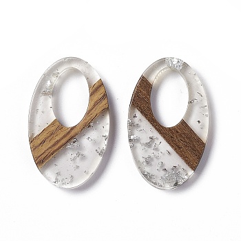 Transparent Resin & Walnut Wood Pendants, Oval Charms with Silver Foil, Clear, 35.5x22x3.5mm, Hole: 16X10mm