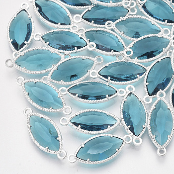 Glass Links, with Silver Color Plated Eco-Friendly Alloy Findings, Faceted, Horse Eye, Dark Turquoise, 21x9x4mm, Hole: 1.2mm
