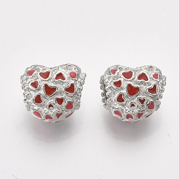 Alloy European Beads, with Red Enamel, Large Hole Beads, Heart, Platinum, 10x12x7.5mm, Hole: 4.5mm