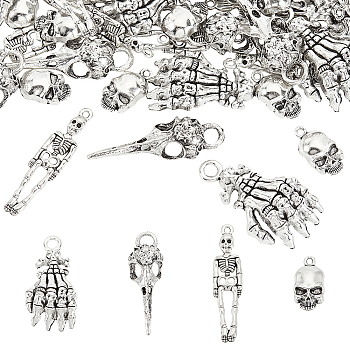 4 Style Tibetan Style Alloy Pendants, Skeleton & Raven Skull & Skull, Antique Silver, 18.6~41.5x9.5~21x2.5~11mm, 60pcs/box