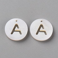 Natural Freshwater Shell Pendants, Flat Round with Letter, Letter.A, 12x1.5mm, Hole: 1mm(SHEL-Q311-008A)