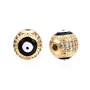 Brass Micro Pave Cubic Zirconia Beads, with Enamel, Real 18K Gold Plated, Round with Evil Eye, Nickel Free, Black, 10mm, Hole: 2mm(KK-N227-88A)