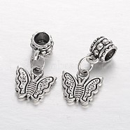 Butterfly Tibetan Style Alloy European Dangle Beads, Large Hole Pendants, Antique Silver, 24mm, Hole: 5mm(PALLOY-I116-43AS)
