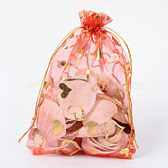 Heart Printed Organza Bags, Wedding Favor Bags, Favour Bag, Gift Bags, Rectangle, Red, 18x13cm(X-OP-R022-13x18-07)