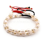 Adjustable Nylon Thread Braided Beads Bracelets Sets, with Natural Cultured Freshwater Pearl Beads and Brass Beads, Real 18K Gold Plated, Mixed Color, Inner Diameter: 5.5~9cm(2-1/8~3-1/2 inch), 2pcs/set(BJEW-JB05382)