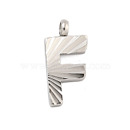 304 Stainless Steel Charms, Handmade Engrave Figure, Full Polished, Stainless Steel Color, Letter F, 14x7x2mm, Hole: 1.8mm(STAS-G345-01P-F)