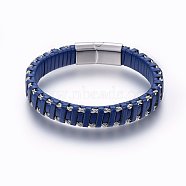 Leather Braided Cord Bracelets, 304 Stainless Steel Magnetic Clasp, Rectangle, Stainless Steel Color, Marine Blue, 8-5/8 inch(22cm), 12x6mm(BJEW-E345-15A)