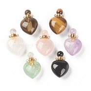 Natural Mixed Gemstone Pendants, Openable Perfume Bottle, with Golden Tone Brass Findings, Heart Shape, 33~35x22~23x12~13mm, Hole: 3.5mm, capacity: 1ml(0.03 fl. oz)(G-H252-C)
