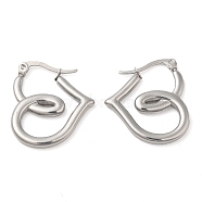 304 Stainless Steel Wire Wrap Hoop Earrings for Women, Heart, Stainless Steel Color, 24.5x3mm(EJEW-M224-04P)
