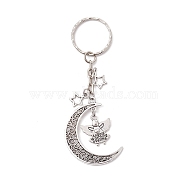 Tibetan Style Alloy Pendants Keychains, with Iron Split Key Rings, Moon with Angel, Antique Silver, 9.1cm(KEYC-JKC00731)