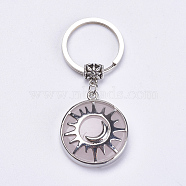 Natural Rose Quartz Keychain, with Brass Finding, Flat Round with Sun & Moon, 64mm(KEYC-G043-B10)