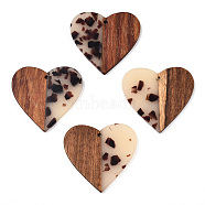 Transparent Resin & Walnut Wood Pendants, Heart Charms, Old Lace, 37x39x3mm, Hole: 2mm(RESI-TAC0017-73-B02)