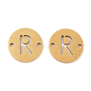 PVD Vacuum Plating 201 Stainless Steel Hollow Flat Round Links, Letter Connector Charms, Real 18K Gold Plated, Letter R, 12x1mm, Hole: 1.2mm(FIND-R149-03R-G)