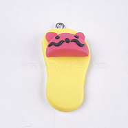 Handmade Polymer Clay Kitten Pendants, with Iron Findings, Slipper with Cat Head Shape, Platinum, Yellow, 42~43x19~20x11~14mm, Hole: 1.5mm(CLAY-S093-04G)