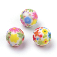 Opaque Printed Acrylic Beads, Round with Flower Pattern, Colorful, 10x9.5mm, Hole: 2mm(MACR-S271-10mm-22)